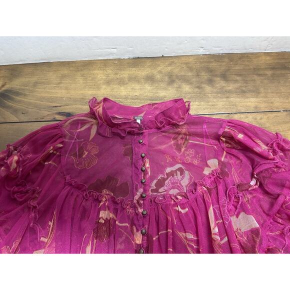 Free People Time For Shine Mesh Cropped Smocked Pink Purple Floral Blouse Top L - Picture 5 of 12
